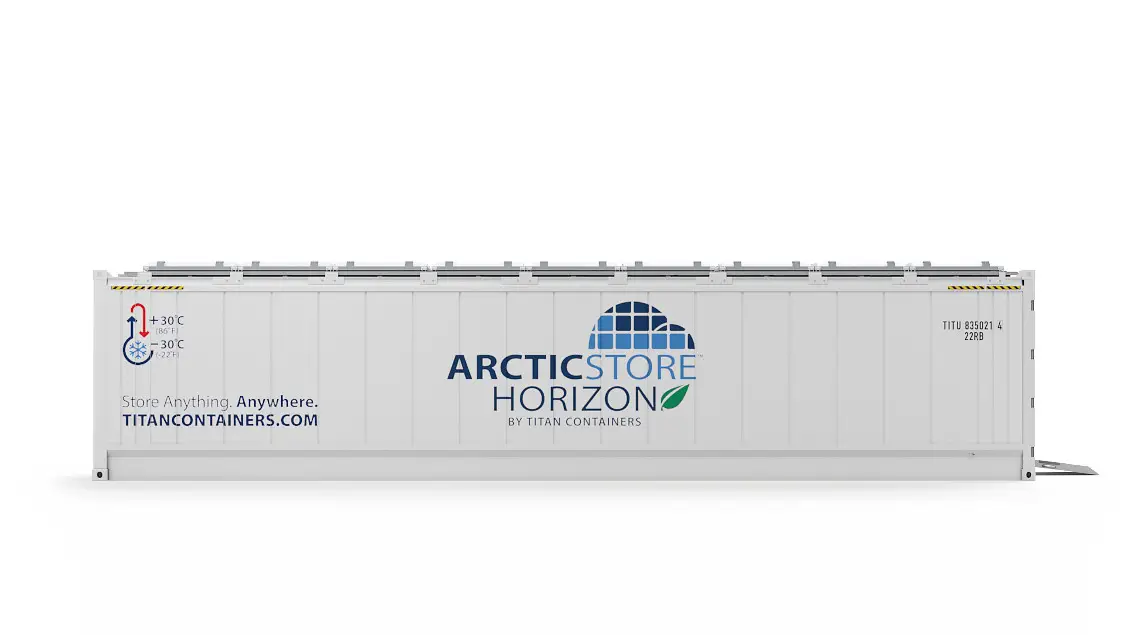 40ft ArcticStore Horizon Udržateľný Chladiarenský Kontajner Pohľad zboku
