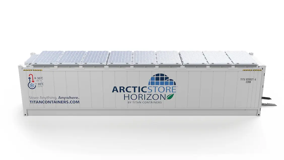 40ft ArcticStore Horizon so Solárnymi Panelmi Pohľad zboku